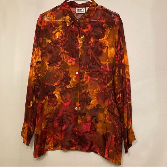 Chicos design long sleeve sheer fabric burnout floral size 2 silk rayon blend - Picture 1 of 9